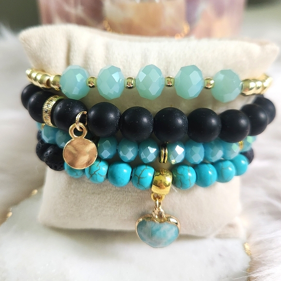Ryze Jewelry - NWT Ryze Natural Stone Larimar & Lava Rock Beaded Staxx Bracelets - Set of 4